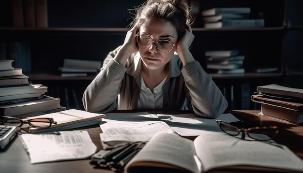 Een uitgeputte zakenvrouw die literatuur studeert, voelt emotionele stress en frustratie veroorzaakt door AI