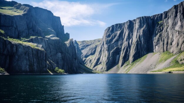 Een uitgestrekt en majestueus meer met torenhoge kliffen