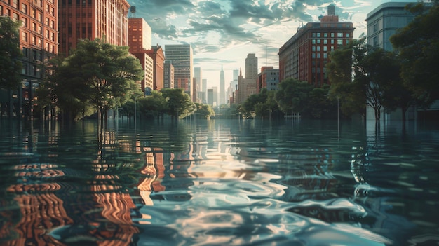 Een uitgestrekt stadsbeeld dat gedeeltelijk onder water ligt en door overstromingen wordt overstroomd