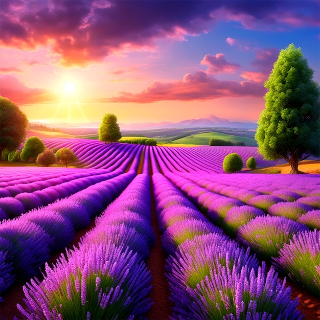 een uitgestrekt veld van levendige regenboogkleuren lavendel die zich uitstrekt naar de horizon geurige lavendel