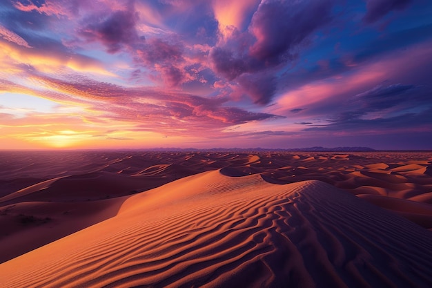 Een uitgestrekt woestijnlandschap bij zonsondergang levendige kleuren in de lucht schitterend