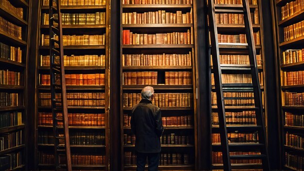 Foto een uitgestrekte bibliotheekzaal met torenhoge boekenplanken