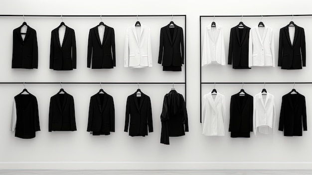 Foto een uitgestrekte monochrome kast gevuld met een uitgebreide collectie kleding een vrouw die een stijlvolle en esthetische outfit draagt in de moderne minimalisme stijl