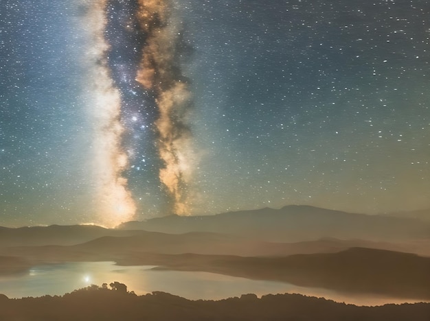 Een uitgestrekte sterrenhemel de Melkweg strekt zich uit over de hemel Sterrensporen boven de berg