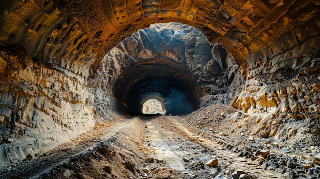Een uitgestrekte tunnel die door de aarde is gegraven, onthult een onverharde weg die zich door de duisternis kronkelt