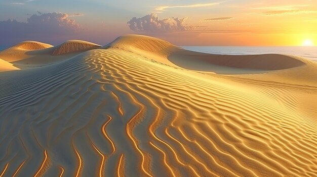 Een uitgestrekte uitgestrektheid van zandduinen in de woestijn bij zonsondergang