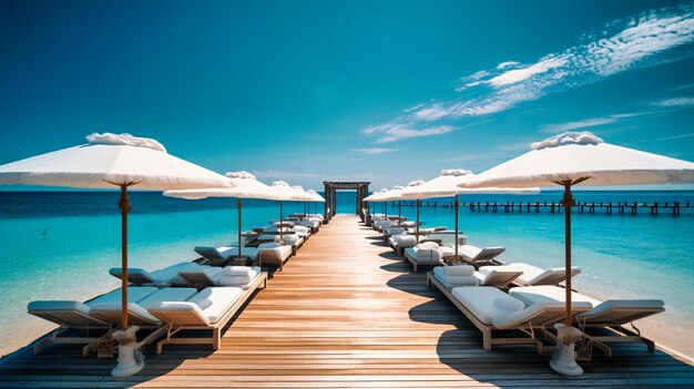 Een uitnodigend beeld van een chique strandclub met weelderige ligstoelen, stijlvolle parasols en een serene oceaanomgeving