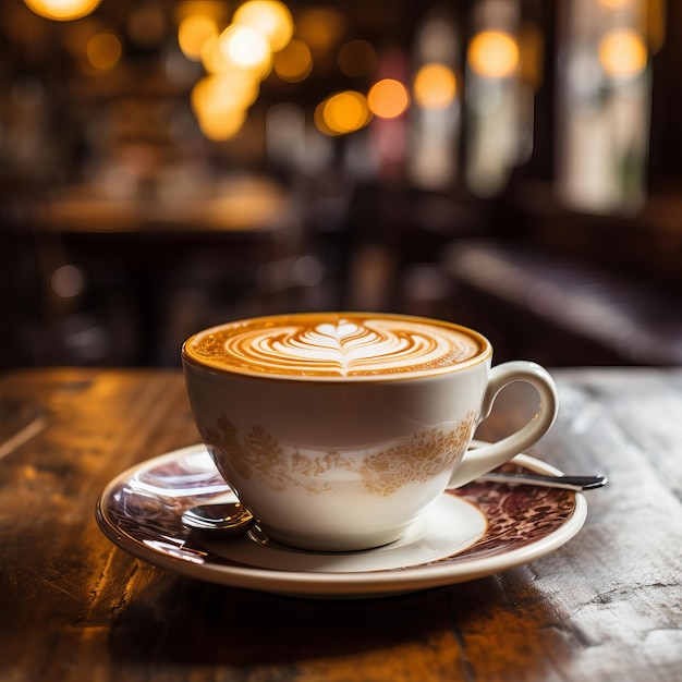 Foto een uitnodigende sfeer, een slokje van een vers gebrouwen kop koffie in een gezellig café met een houten tafel.