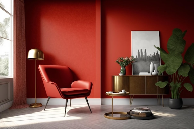 Een uitnodigende slaapkamer met rood Pantone-meubilair en een gezellige inrichting