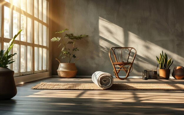 Foto een uitnodigende wellnesshoek met een yogamat die een aandachtige ochtendroutine bevordert