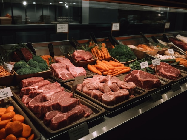 Een uitstalling van vlees en groenten in een restaurant.