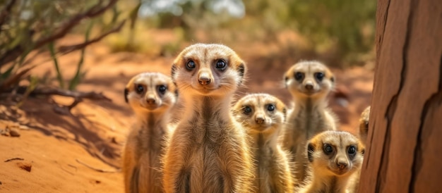 een uitzicht meerkatten waakzaam staan in een buitenruimte in de buurt van het nest gat