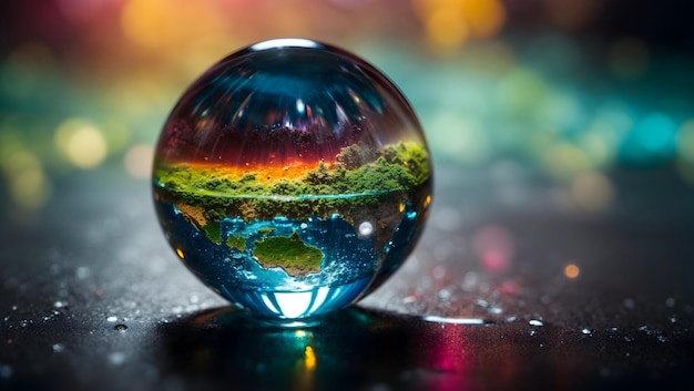 Een uitzicht op de aarde, gevat in een enkele waterdruppel, verlicht door licht