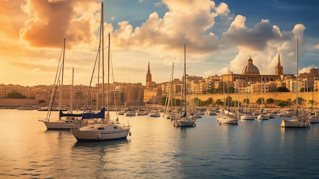 Een uitzicht op de haven van malta met een bewolkte hemel