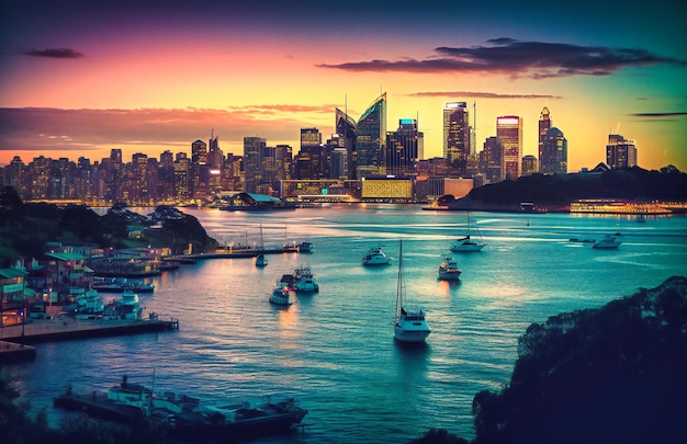 Een uitzicht op de haven van Sydney en de skyline van de stad bij zonsondergang