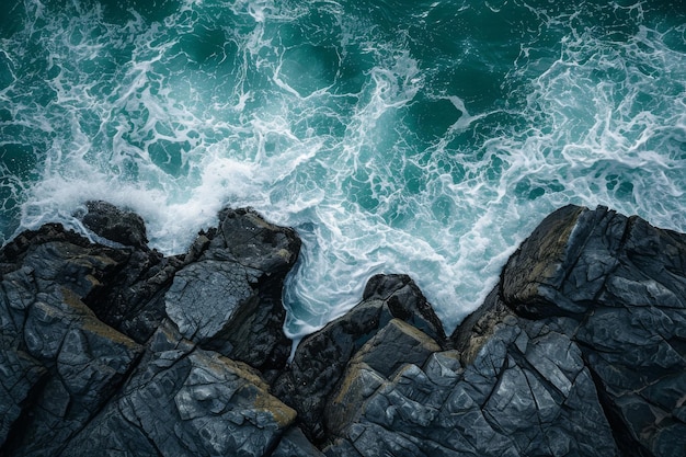 Een uitzicht op de oceaan van boven enkele rotsen Uitstekende overhead opname van een hoogwater borstelen tegen ruwe rotsen AI gegenereerd