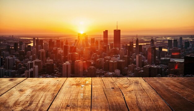 een uitzicht op de skyline van een tafel met de zon achter zich