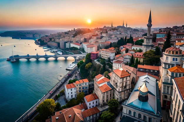 Een uitzicht op de stad Istanbul bij zonsondergang