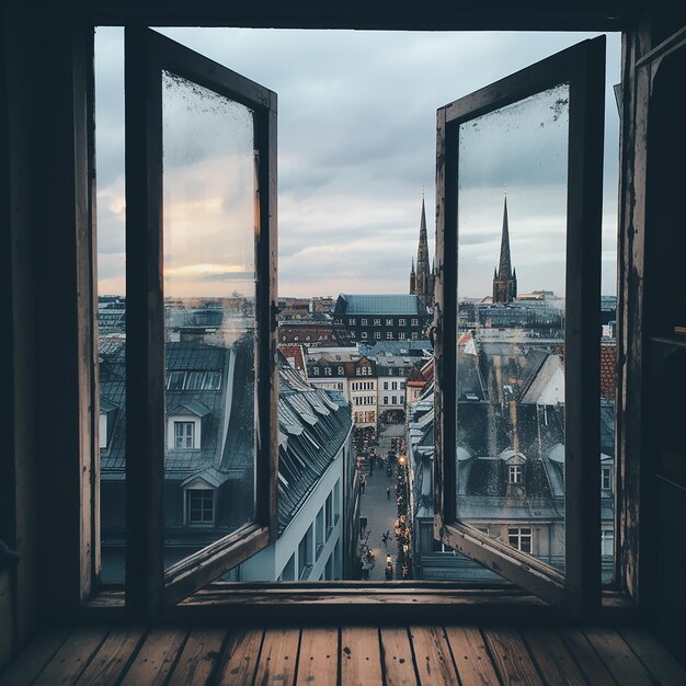 Een uitzicht op de stad vanuit een open raam voor hotelreclame