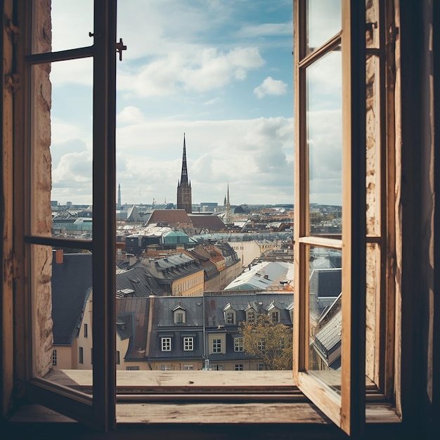 Een uitzicht op de stad vanuit een open raam voor hotelreclame