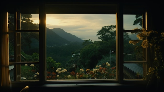 een uitzicht op een berg vanuit een raam met de zon die door het raam schijnt.