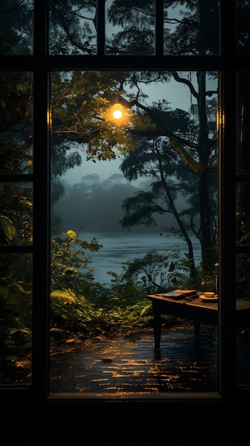 een uitzicht op een meer door een raam 's nachts Raam uitzicht vanuit open raam