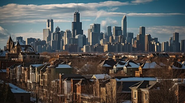 Een uitzicht op een stad met de skyline van Chicago op de achtergrond.