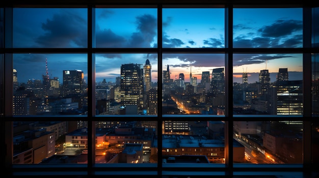 een uitzicht op een stad 's nachts vanuit een raam Raam uitzicht vanuit metalen raam
