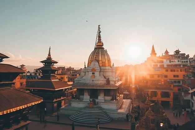 een uitzicht op een tempel met een zonsondergang op de achtergrond