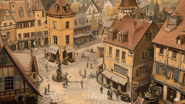 Foto een uitzicht van boven op een stadsplein in europese stijl met winkels en mensen die rondlopen. de gebouwen zijn van halfhout en hebben rode of bruine daken.