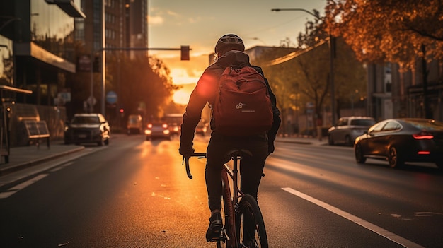 Een uitzicht van de achterkant van een fietser op de stad