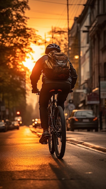 Een uitzicht van de achterkant van een fietser op de stad