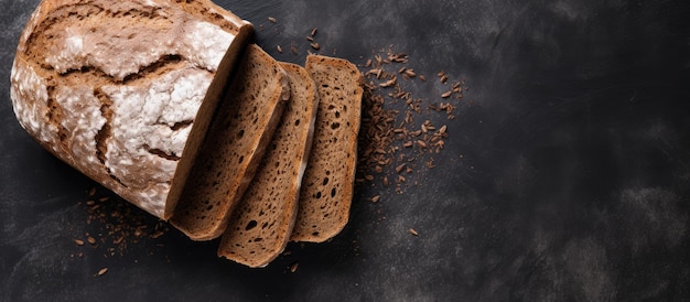 Foto een uitzicht vanaf de bovenkant van zelfgemaakt biologisch roggebrood op een donkere leisteen of betonnen achtergrond