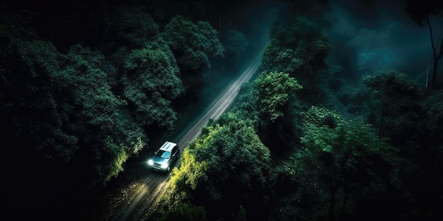 Een uitzicht vanaf een hoogte van een auto op de weg in de diepe jungleLuchtfoto Panoramische opname Generatieve AI