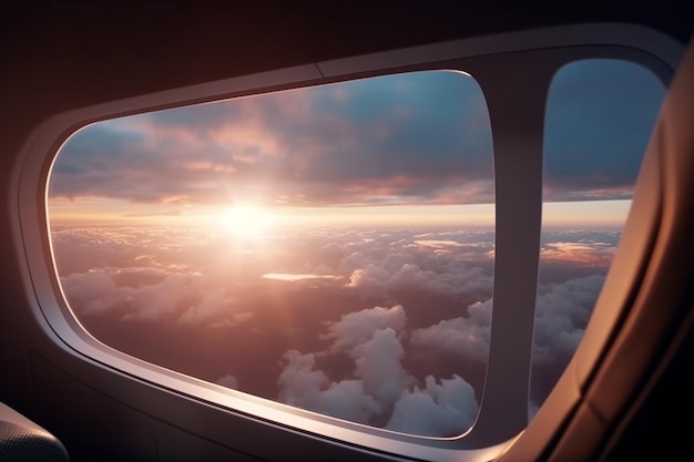 Een uitzicht vanuit het raam van een vliegtuig Vliegend over de grond Uitzicht over een vliegende afgrond Prachtig schilderachtig uitzicht op de zonsondergang door vliegtuigraam Afbeeldingsopslagpad voor raamvliegtuig Generatieve AI