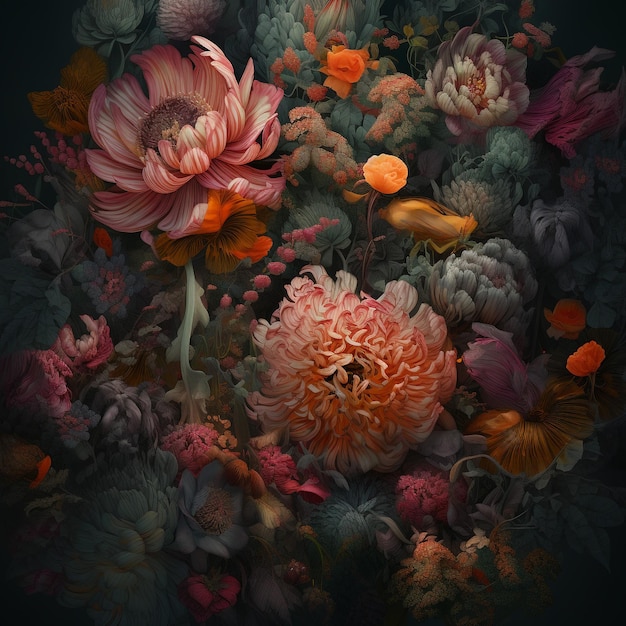 een ultra hd gedetailleerd schilderij van veel verschillende soorten rozen