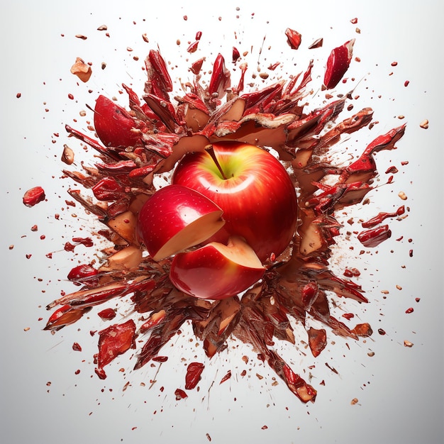 een ultra realistische rode appelexplosie met stukjes appel die uitkomen in de stijl