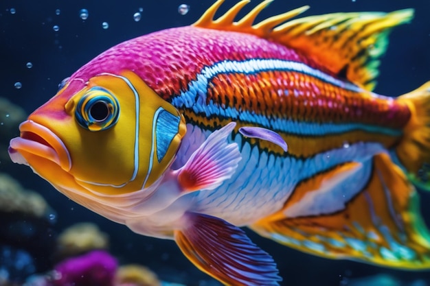 Een ultrafoto van een kleurrijke vis die wegzwemt van de camera