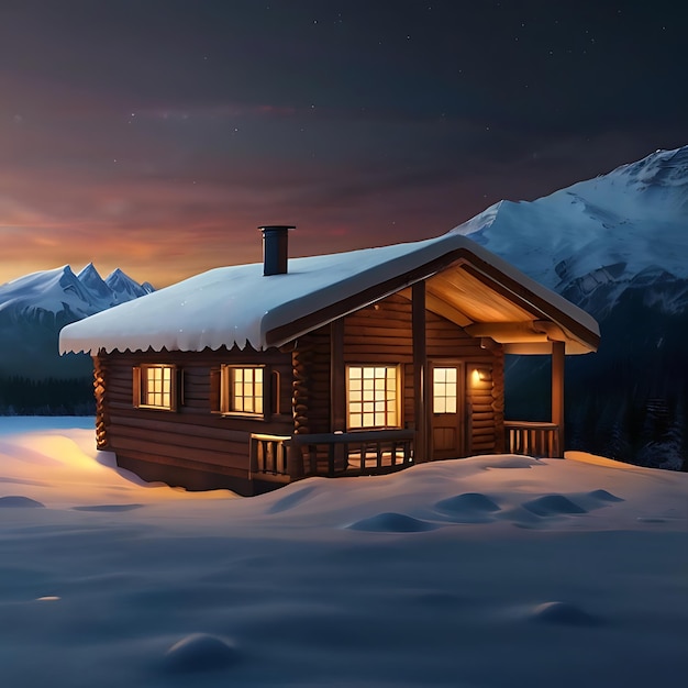 Foto een ultrarealistische hut met warm licht binnen op een met sneeuw bedekte berg's nachts gegenereerd door ai