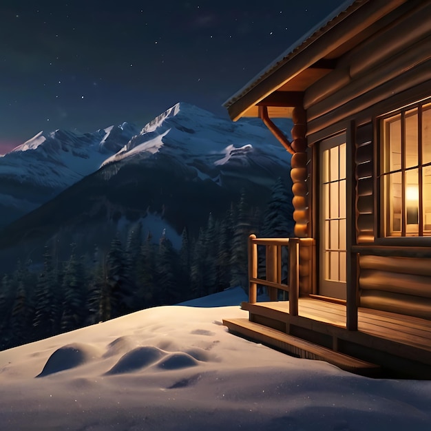 een ultrarealistische hut met warm licht binnen op een met sneeuw bedekte berg's nachts gegenereerd door AI