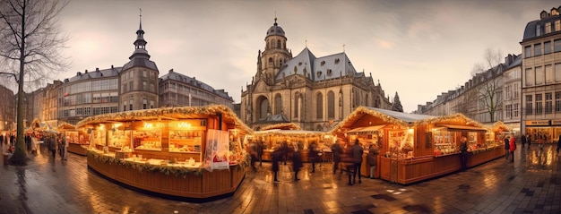 een vaag beeld van de kerstmarkt in een stad in de stijl van een vissenlens