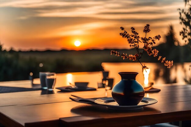 Foto een vaas en enkele borden op een tafel met een zonsondergang op de achtergrond