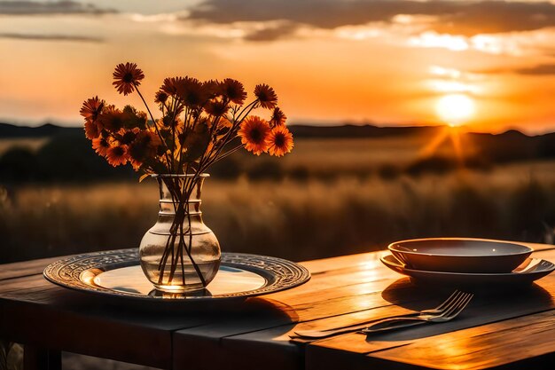 Een vaas en enkele borden op een tafel met een zonsondergang op de achtergrond