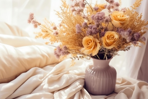 Een vaas gevuld met levendige gele bloemen op een knus bed