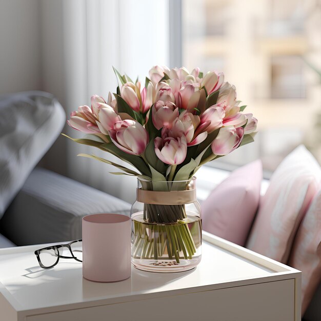 Een vaas gevuld met roze tulpen op een tafel