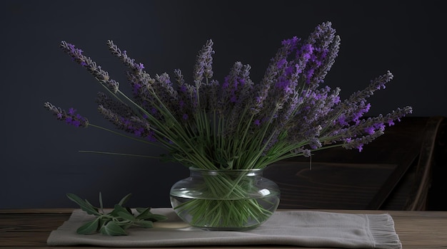 Een vaas lavendel staat op een tafel met een wit kleed.