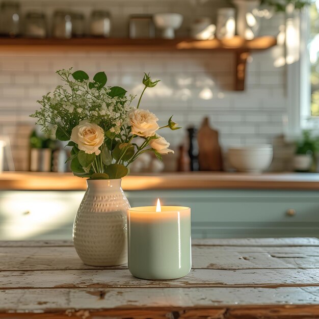 Een vaas met bloemen en een kaars op een tafel in een keukengebied met een toonbank en planken aan de achterkant