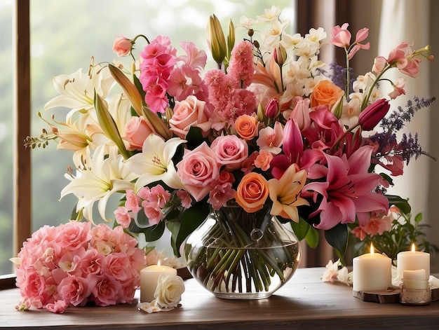 een vaas met bloemen en kaarsen op een tafel bij een raam met uitzicht naar buiten