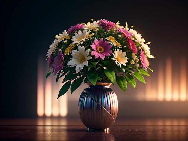 Een vaas met bloemen erin en een paar blaadjes op tafel