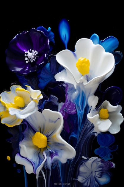 Een vaas met bloemen erop die blauw en wit is.